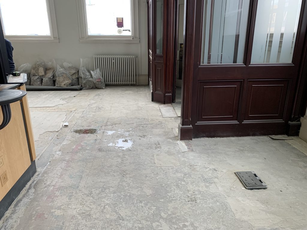 Jesse Rust & Co. glass mosaic found in old Bank entrance in Central Birmingham. Presumed to be beyond repair, but following some sympathetic cleaning, stasbilising and face-grouting, the extent of repairs are thankfully far less than anticipated.