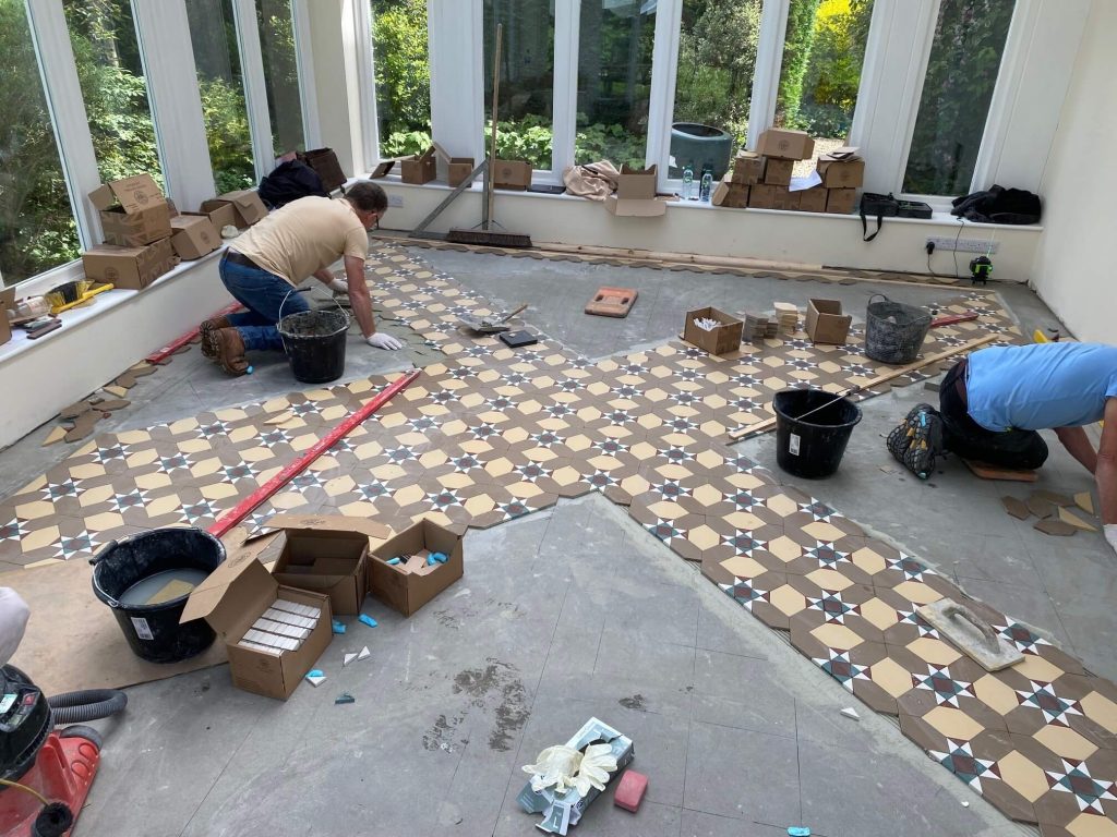 Large new Craven Dunnill Jackfield geometric and encaustic tile installation