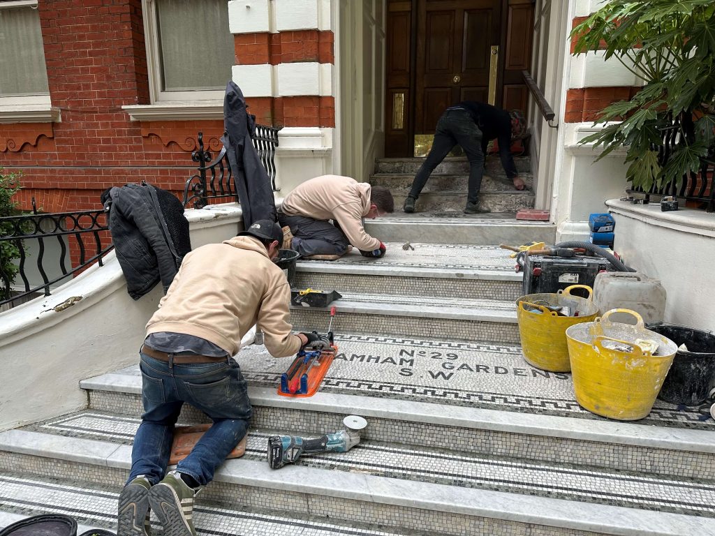 Two large mansion block entrance restorations in Chelsea London installation in progress