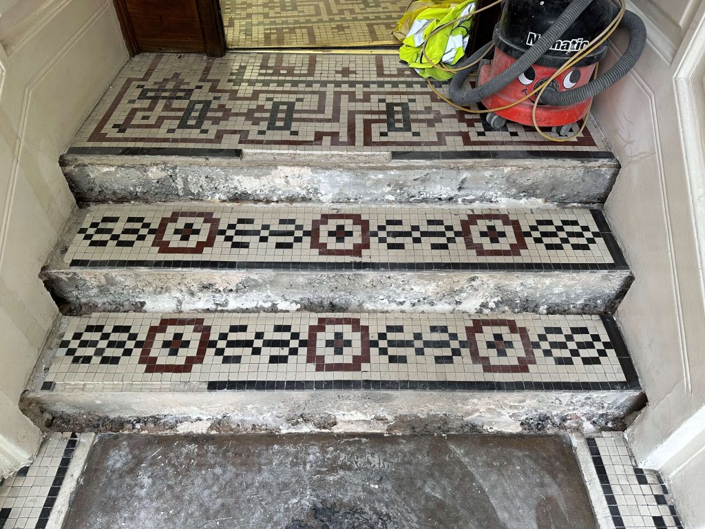 Two large mansion block entrance restorations in Chelsea London steps