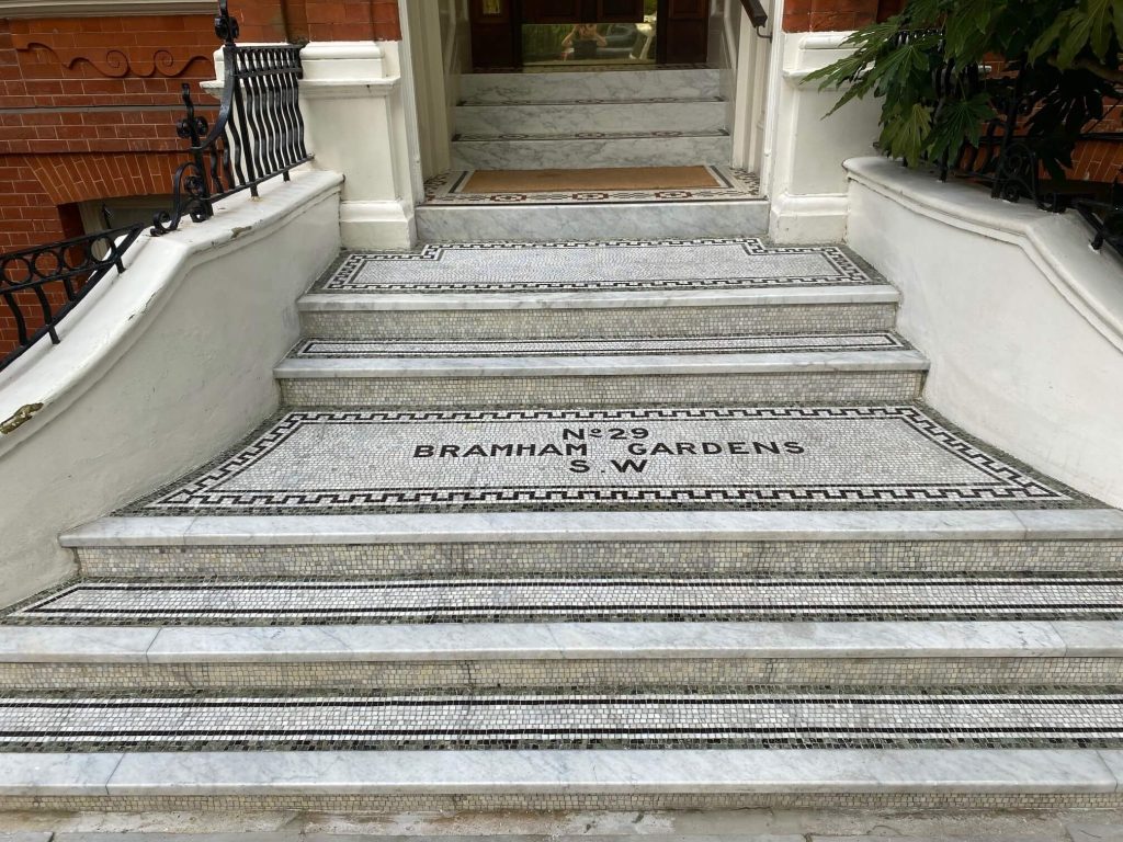 Two large mansion block entrance restorations in Chelsea London bramham gardens
