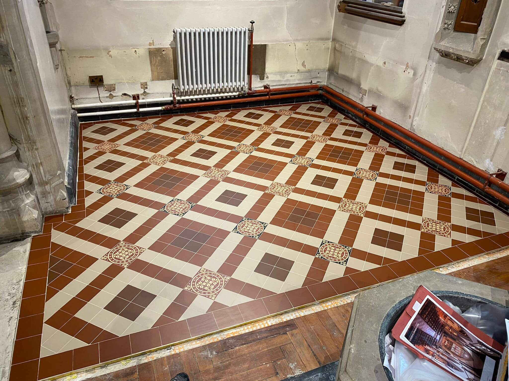 New handmade geometric and encaustic tiles installed to refurbished Chapel. Tiles supplied by Craven Dunnill Jackfield and bedded in lime mortar.