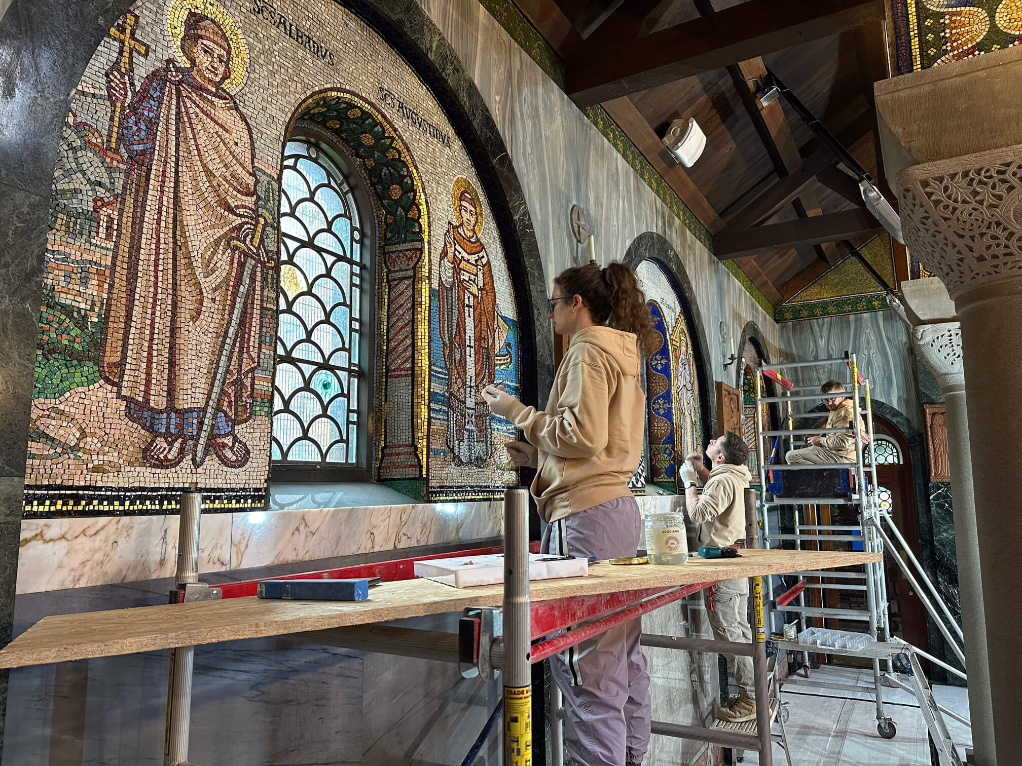 mosaic restoration service in progress. mosaic tile specialists and mosaic restoration experts at work on project
